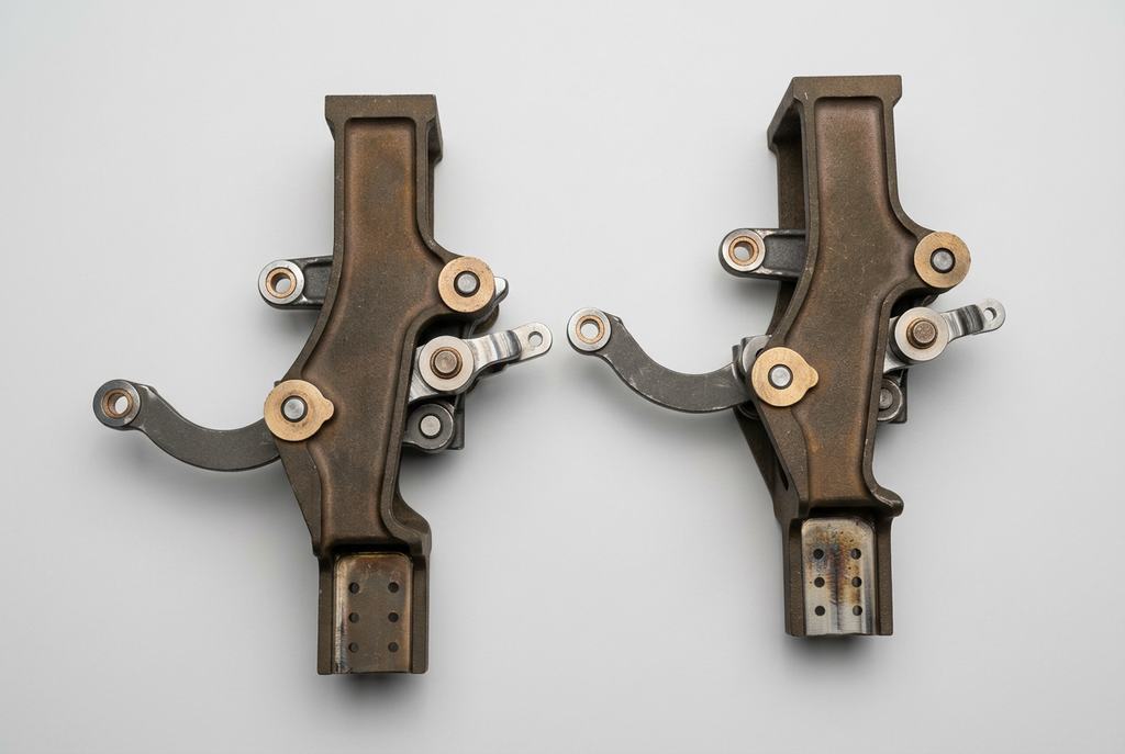 Baker valve gear long bracket assemblies, pair, top view showing bronze brackets and stainless levers