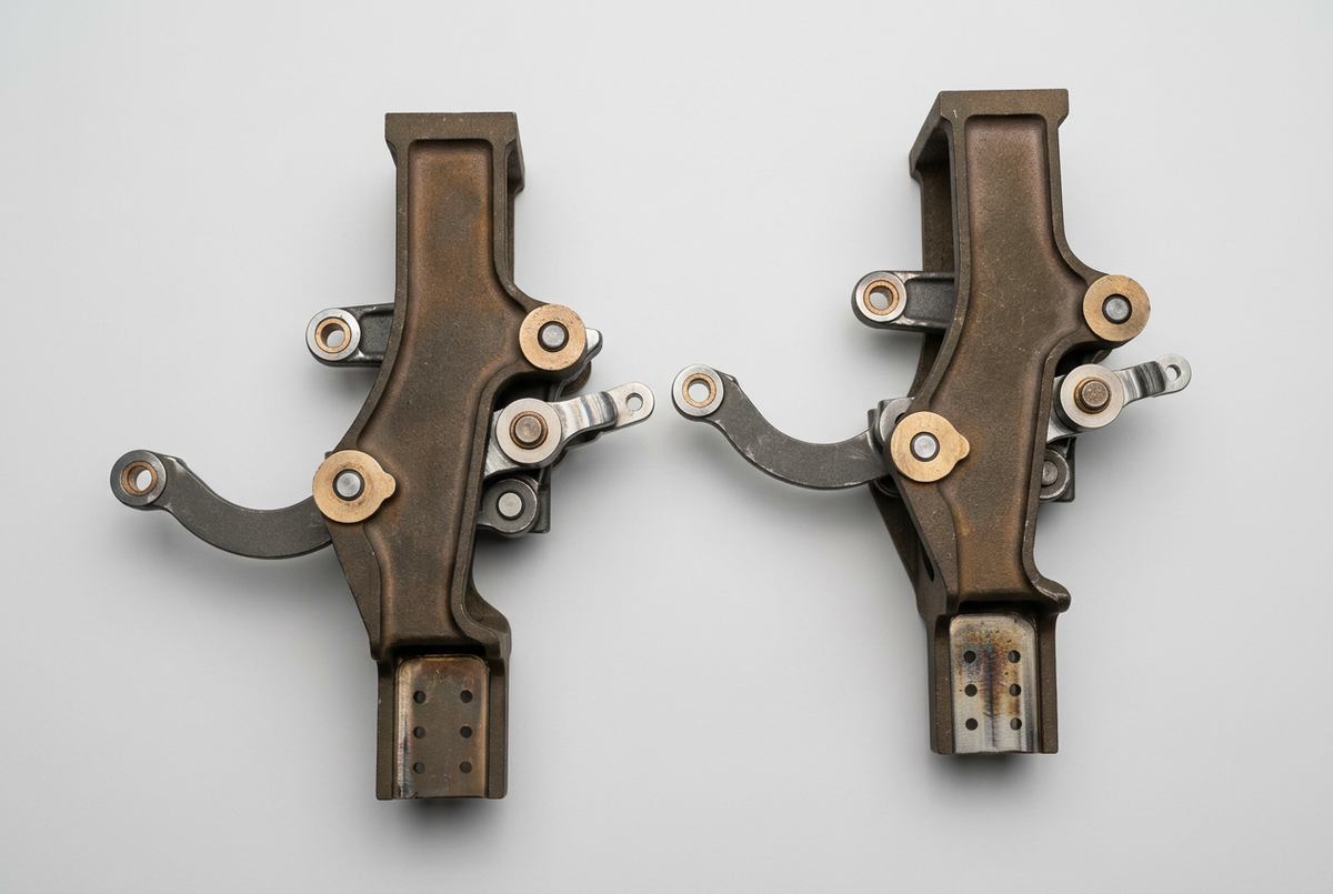 Baker valve gear long bracket assemblies, pair, top view showing bronze brackets and stainless levers