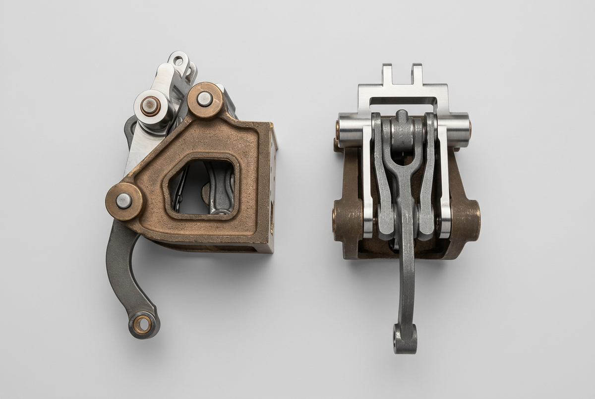 Baker valve gear assemblies, pair, end view showing bronze bracket, pins and lever