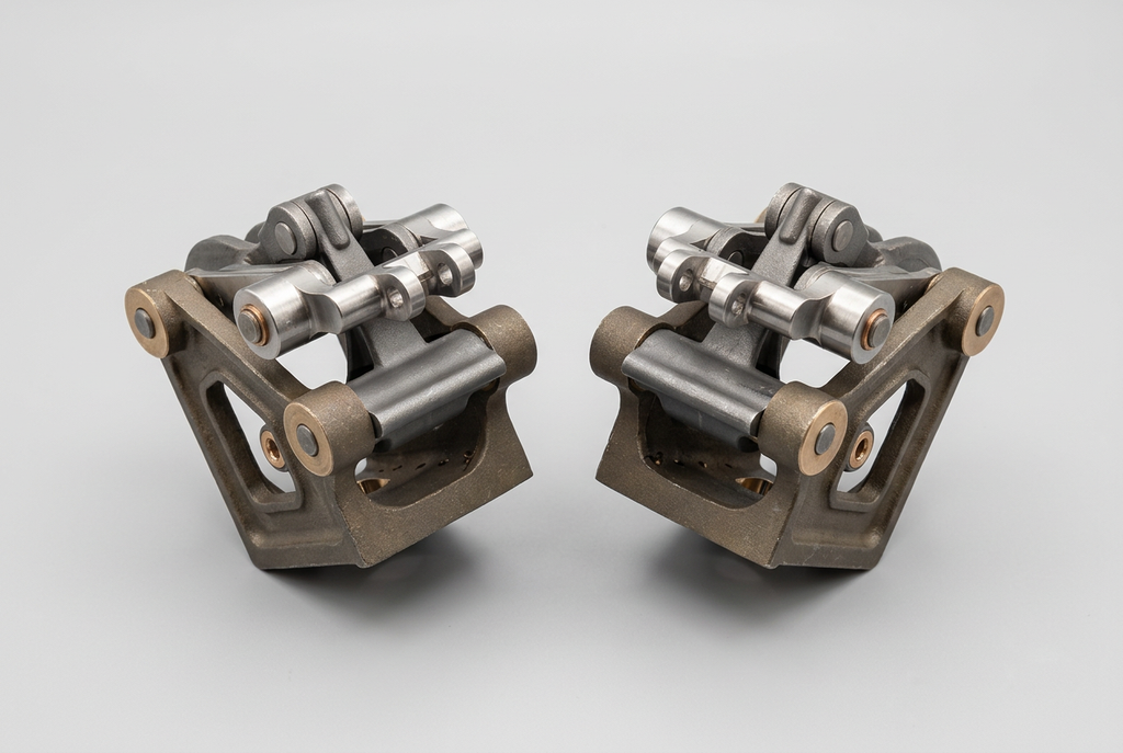 Baker valve gear short bracket assemblies, pair, close-up of levers and Oilite bushings