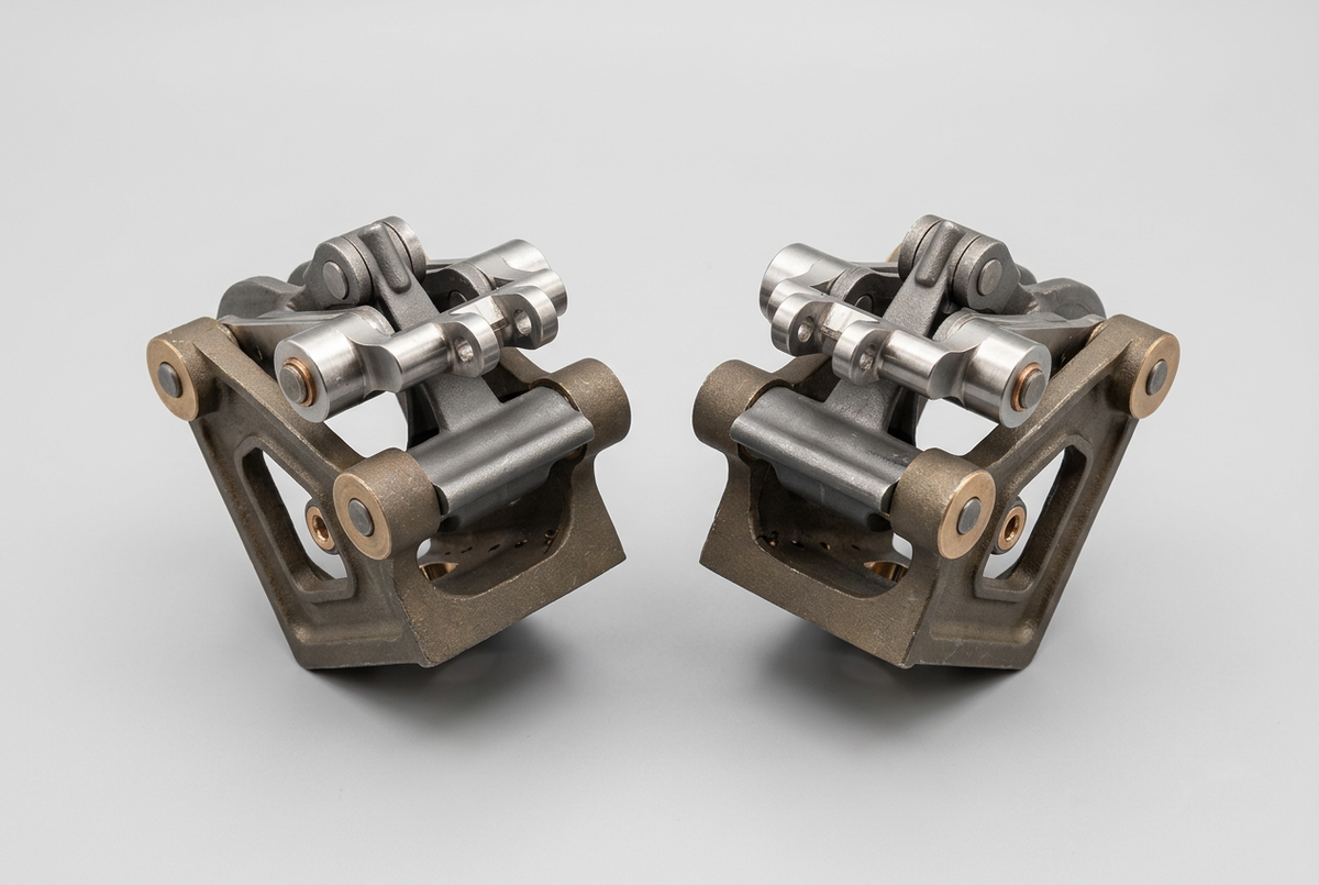 Baker valve gear short bracket assemblies, pair, close-up of levers and Oilite bushings
