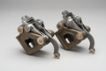 Baker valve gear short bracket assemblies, pair, angled view with bronze brackets and stainless levers