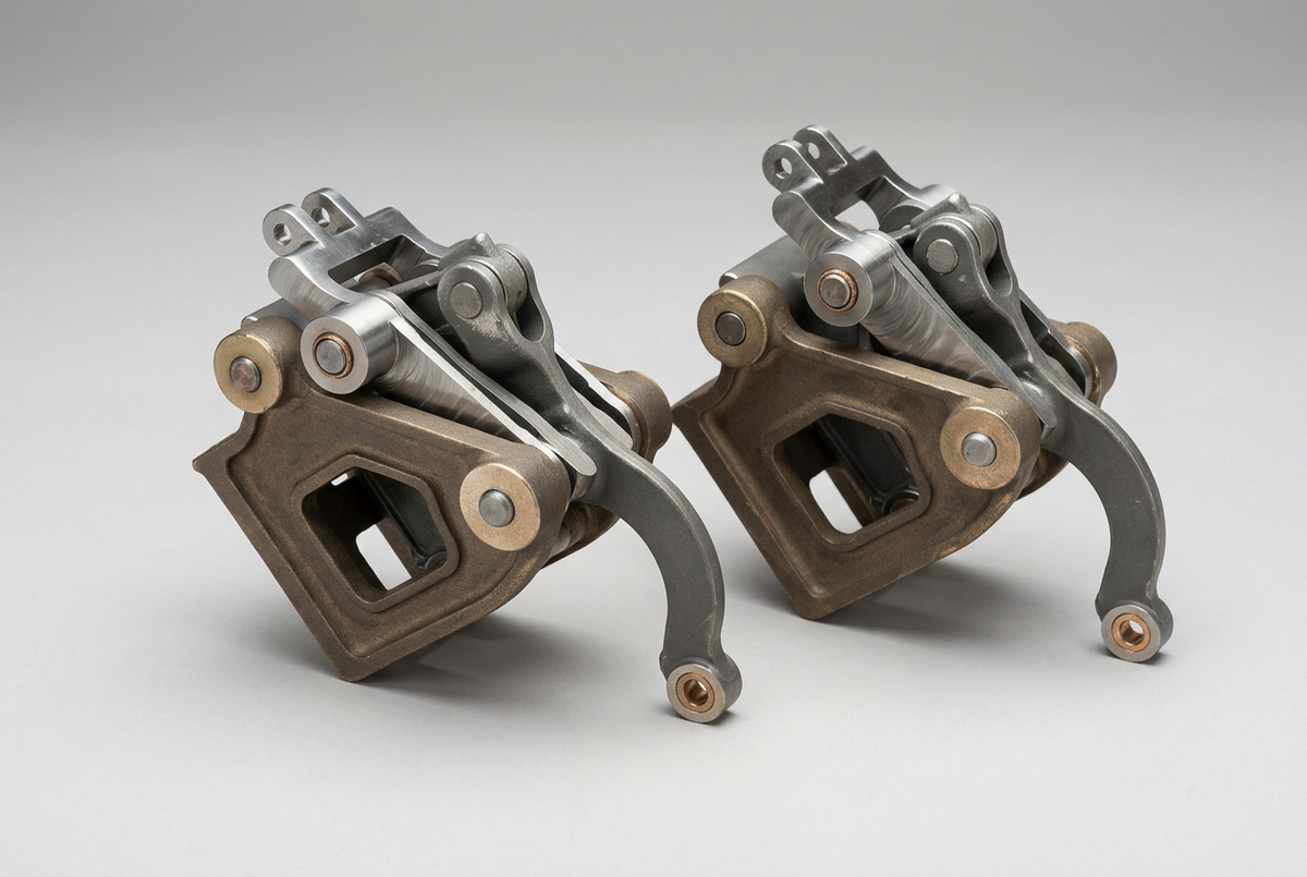 Baker valve gear short bracket assemblies, pair, angled view with bronze brackets and stainless levers